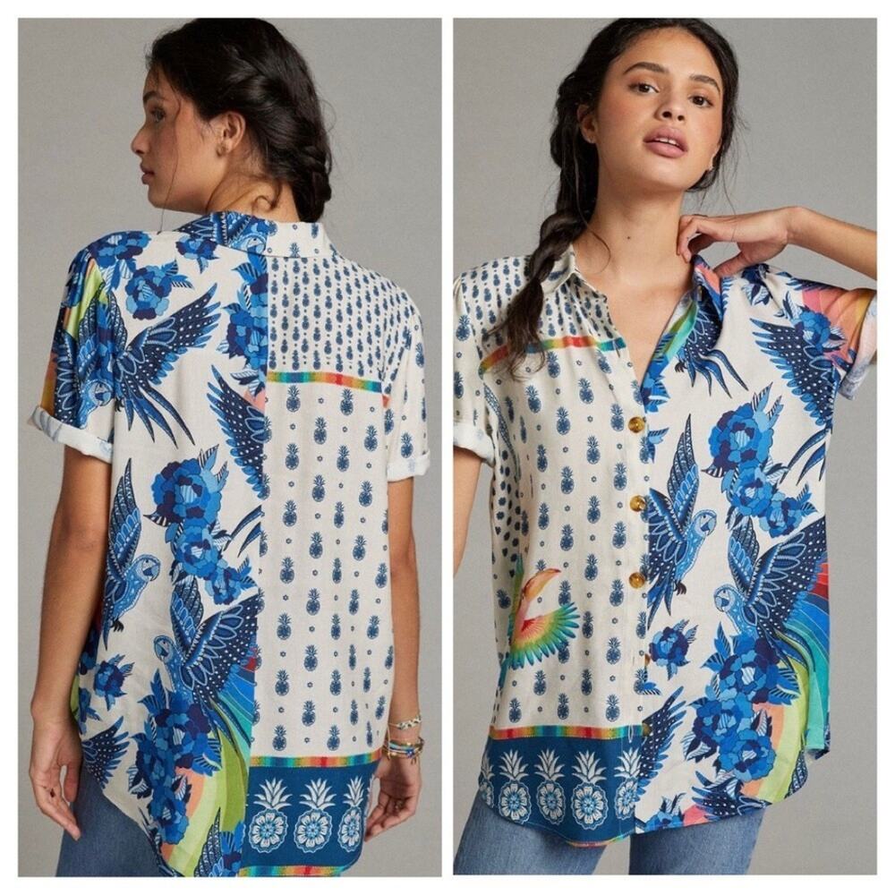 Sold! Farm Rio For Anthropologie Surf Button Down Shirt White Multicol Small New - Picture 2 of 11